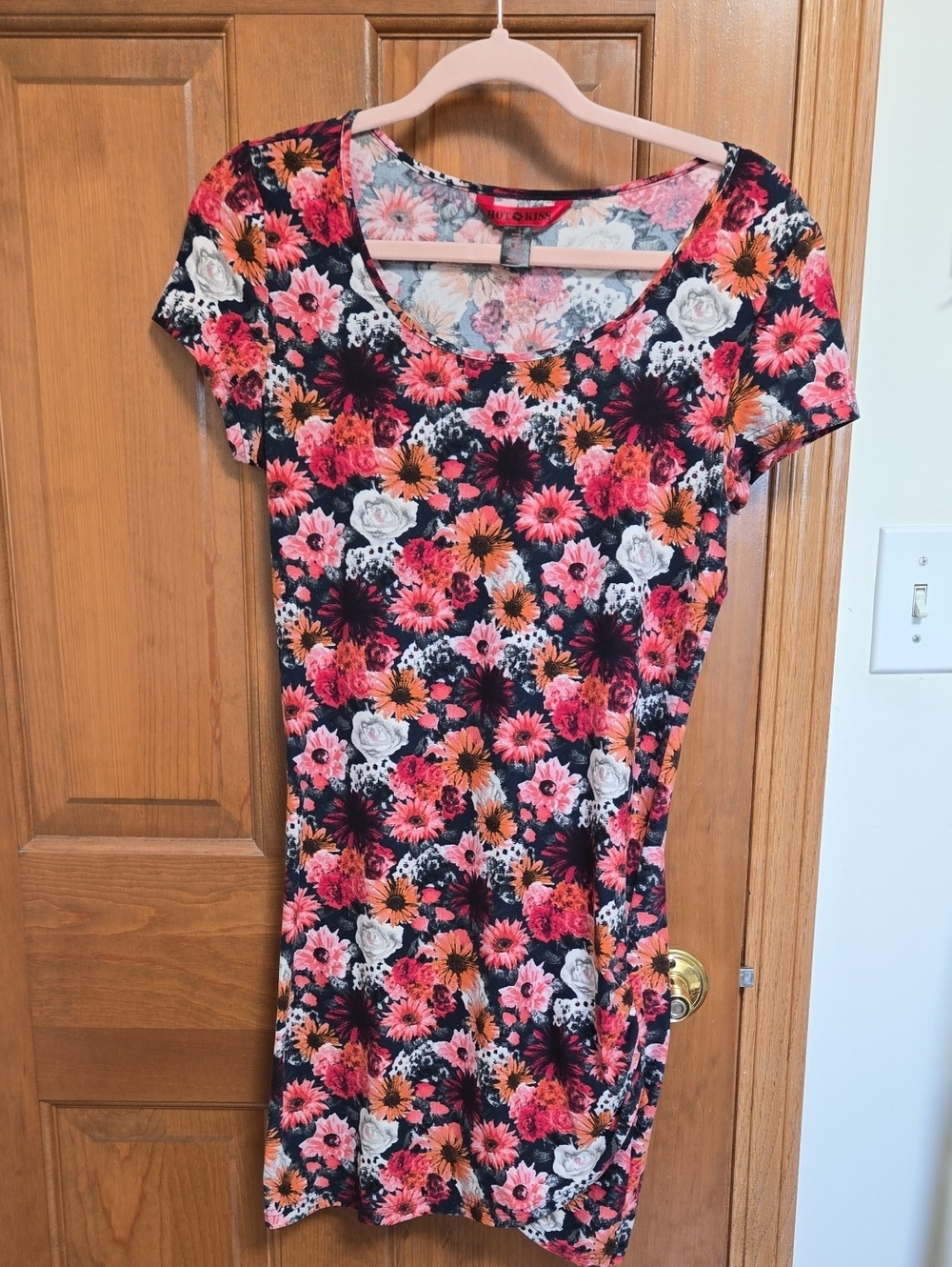 Hot Kiss Pink Orange Floral Bodycon Dress Size Large Short Sleeve